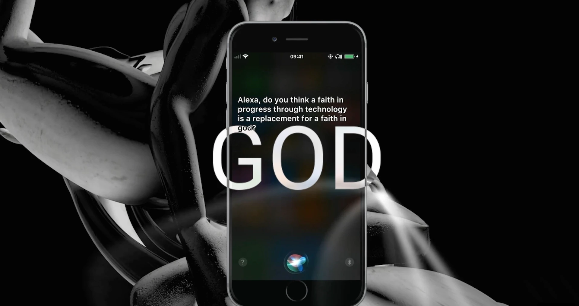 Image shows the performance of Chthonia, a render of an iPhone surround by swirling visuals.