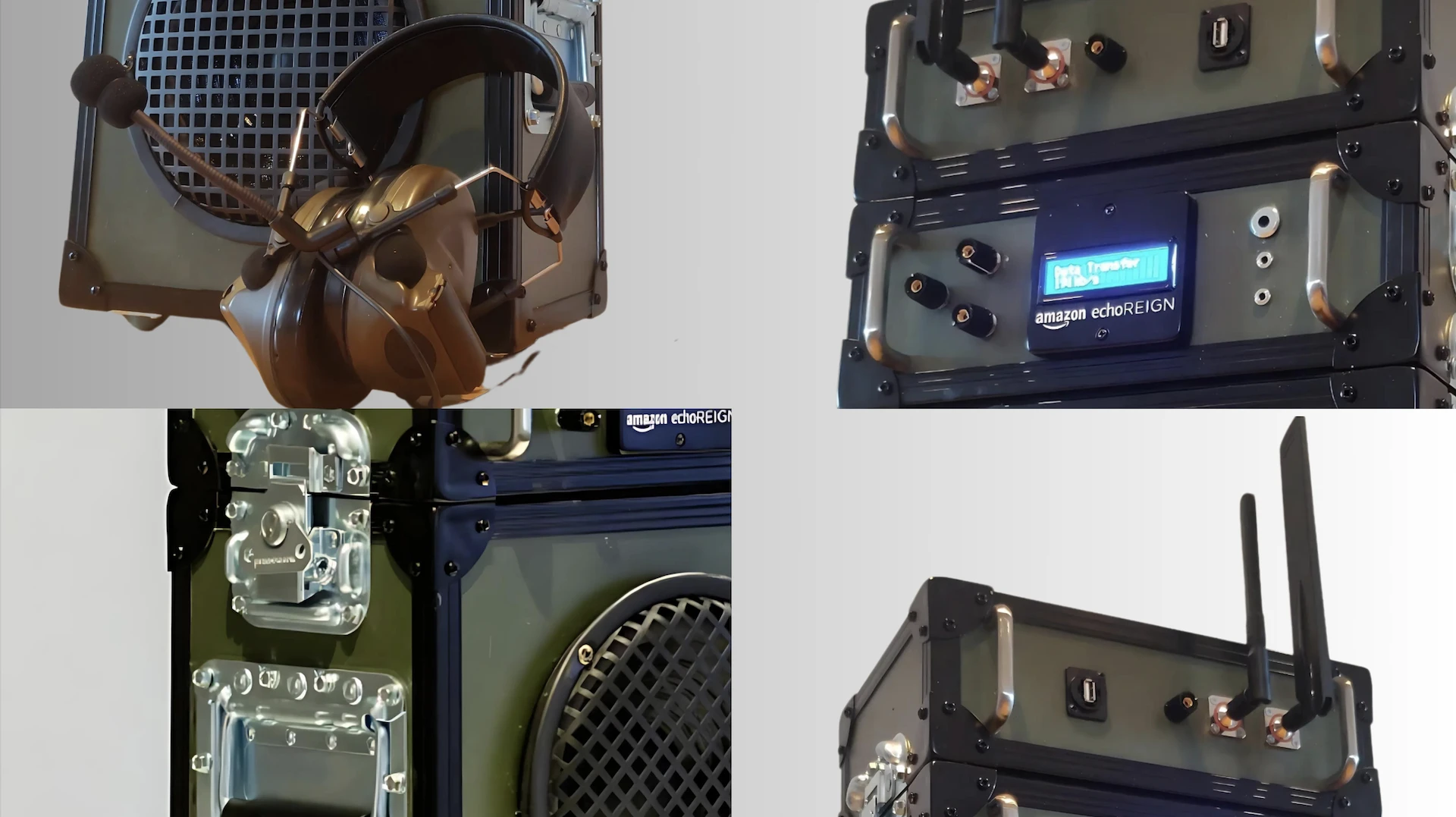 Close views of the control panel, antenna, and side locks of the device.