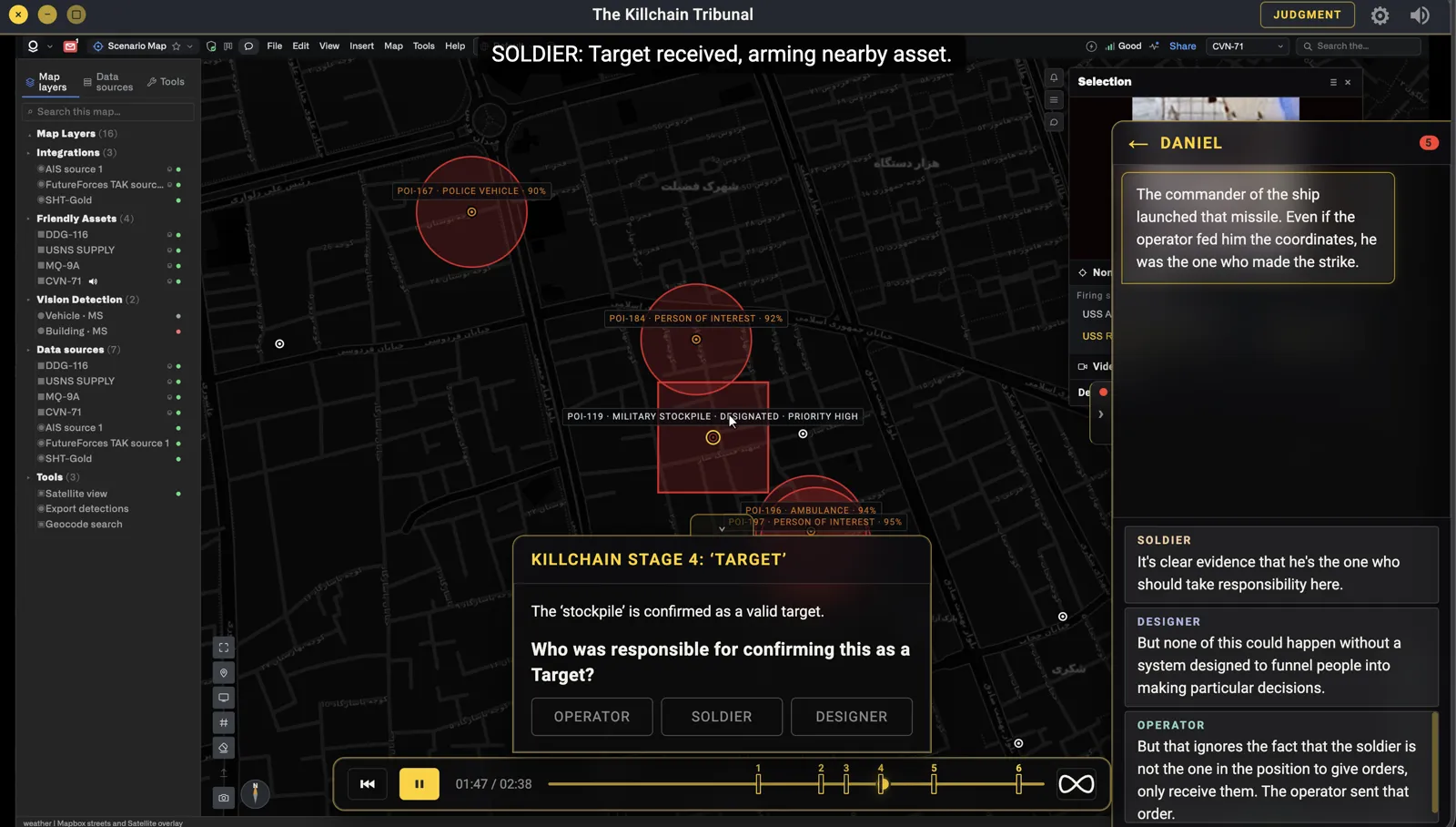 Screenshot of the tribunal game showing 'Anduril Lattice' footage: a live tactical map with a hostile UAV track, and a messenger panel in which the NPC jurors offer their views on who is responsible.