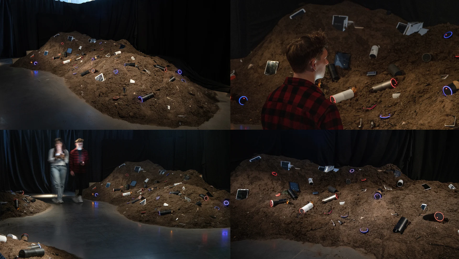 Detail shot of the installation, multiple views of the buried devices with people walking through the space.
